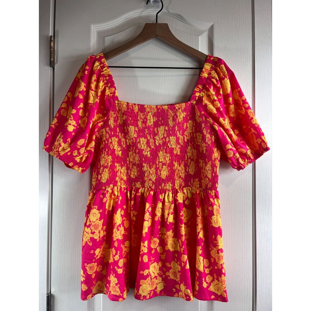Jodifl Women's Stay True Pink Floral Puff Sleeve Smocked Peplum Top Size L